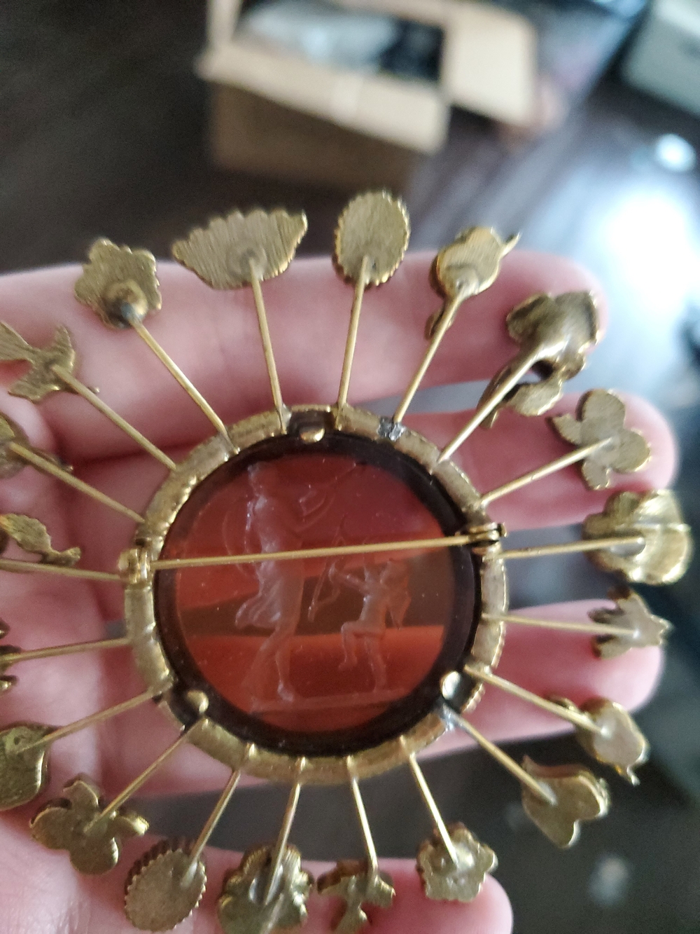 Goldette Victorian Revival Charm Spray Pin Brooch W/intaglio Crystal Medallion - Picture 3 of 3